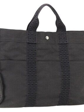 HERMES Her Line MM Hand Bag Canvas Gray Silver Auth th6604